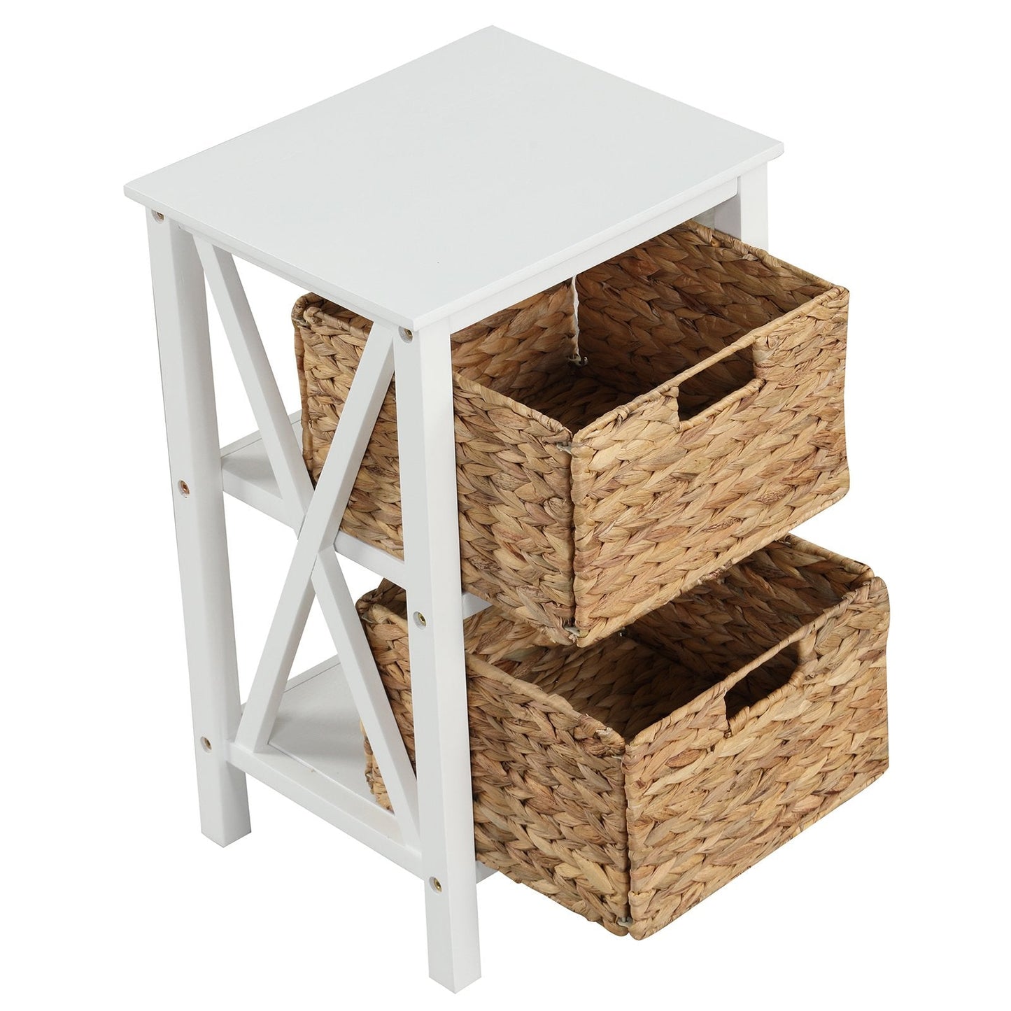 Sofa Side Table with Seagrass Baskets and Rubber Wood X-Shaped Frames and Acacia Wood Legs-White-2-Tier