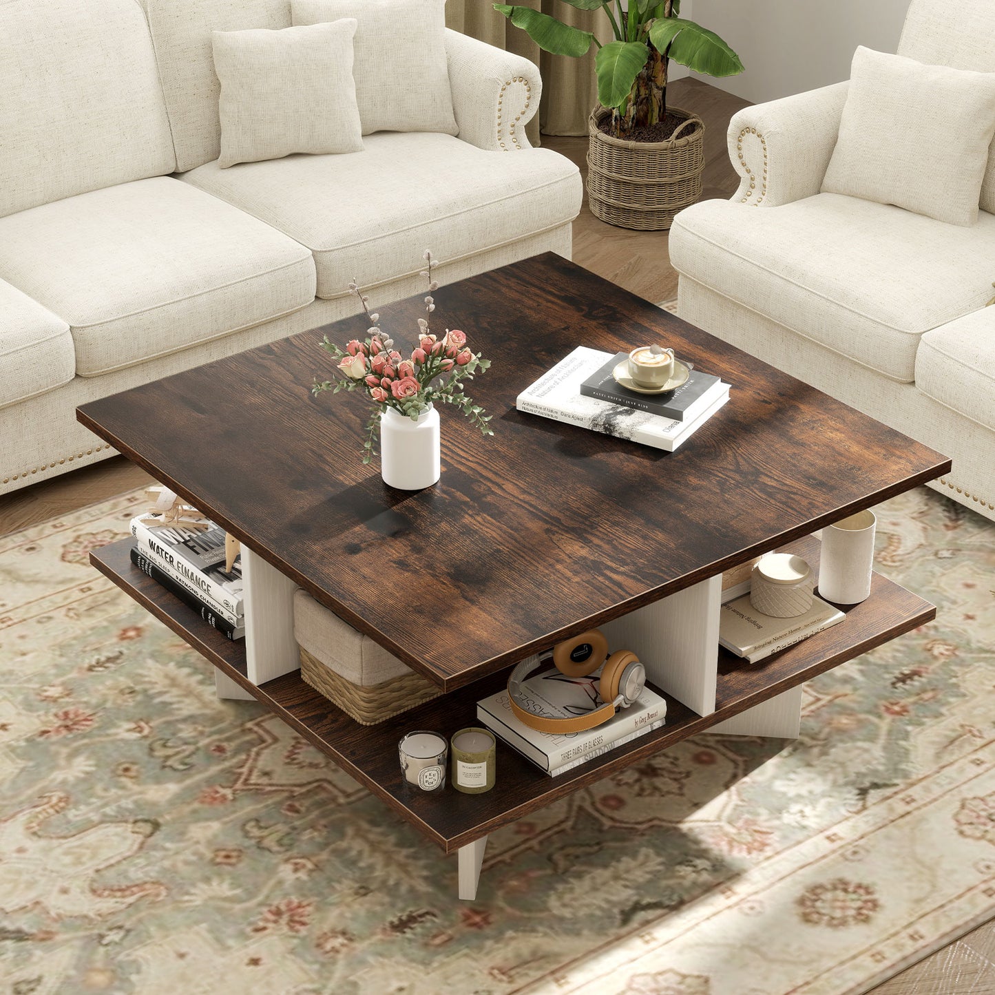 2-Tier Square Coffee Table with 4 Storage Compartments and Cross-shape Base-Coffee