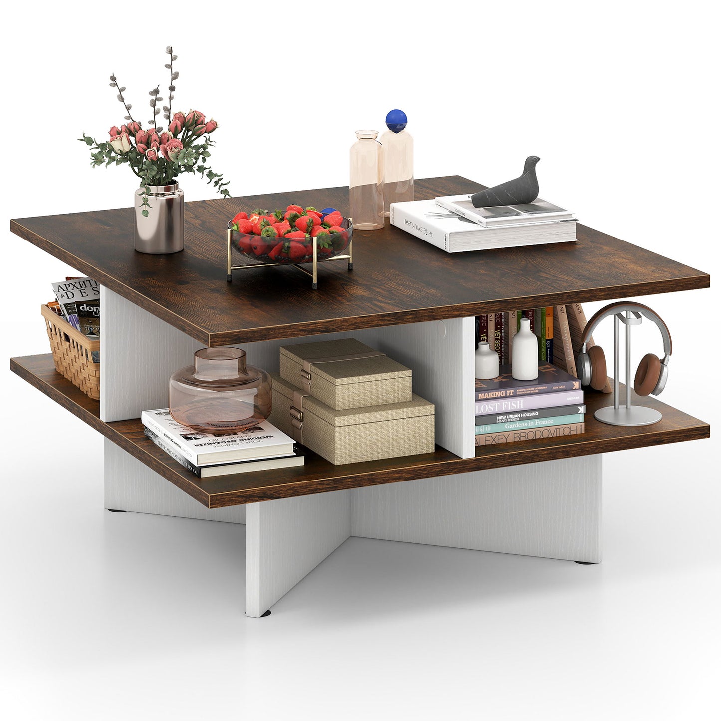 2-Tier Square Coffee Table with 4 Storage Compartments and Cross-shape Base-Coffee