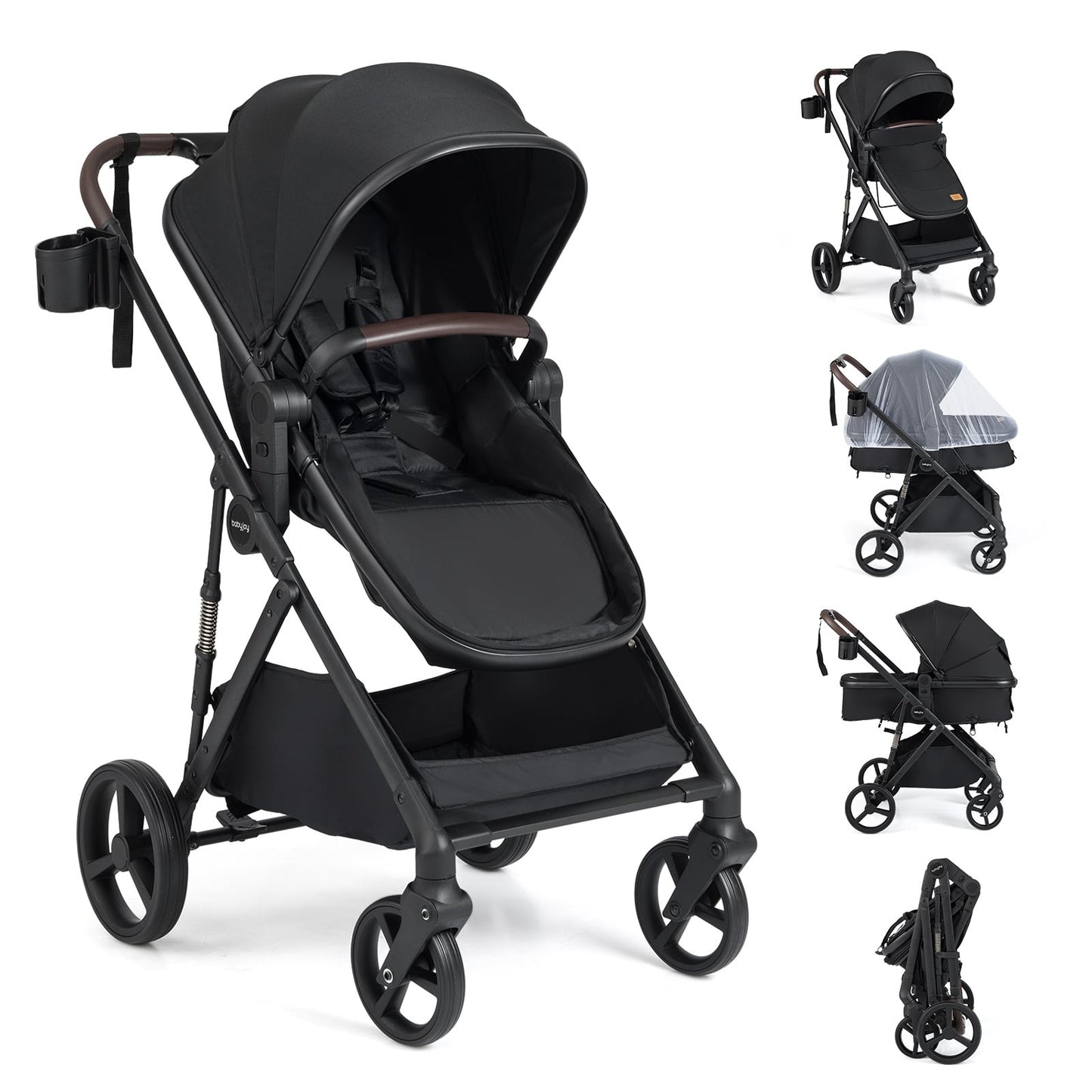 2 in 1 Baby Stroller Convertible High Landscape with Bassinet Mode Reversible Seat-Black