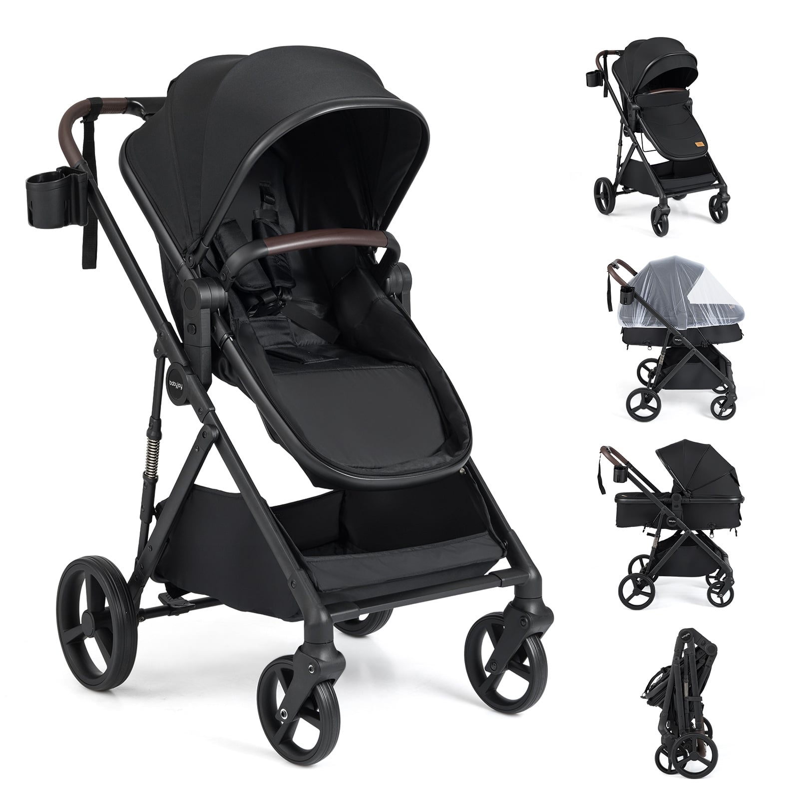 2 in 1 Baby Stroller Convertible High Landscape with Bassinet Mode Reversible Seat-Black