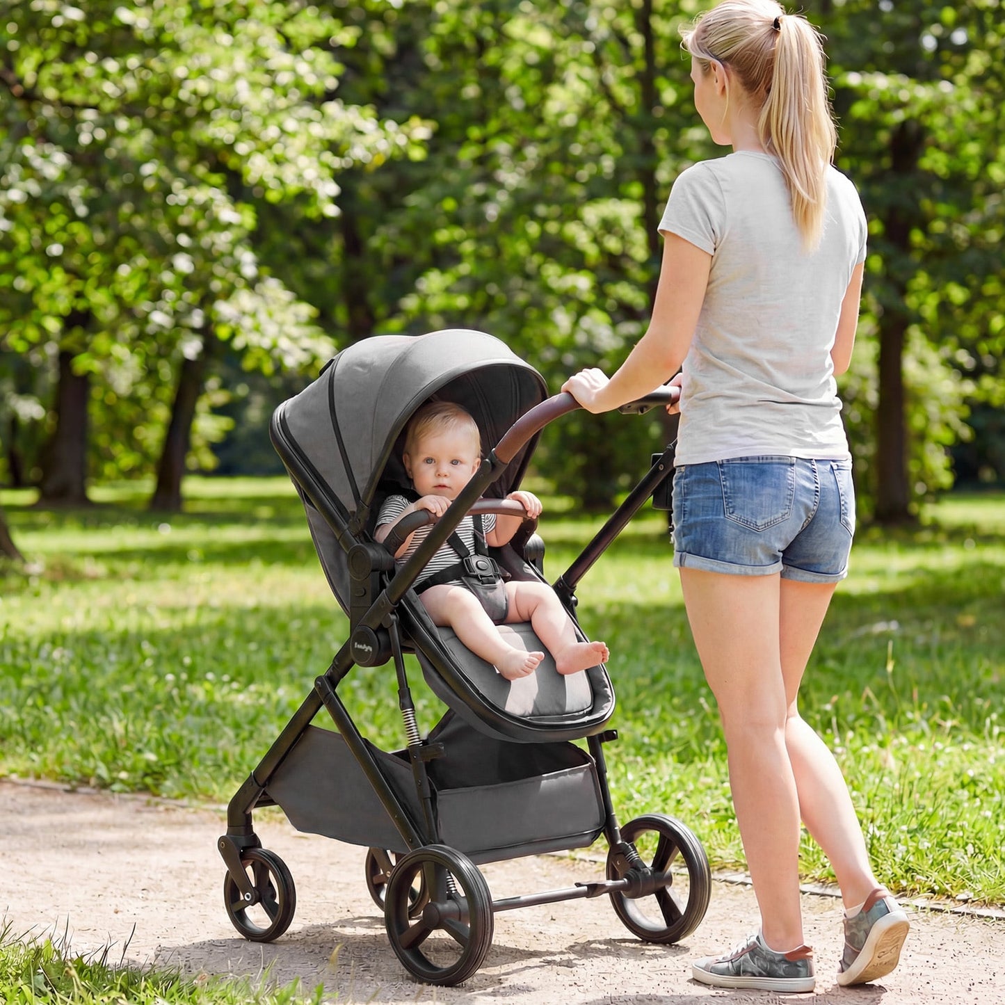 2 in 1 Baby Stroller Convertible High Landscape with Bassinet Mode Reversible Seat-Grey