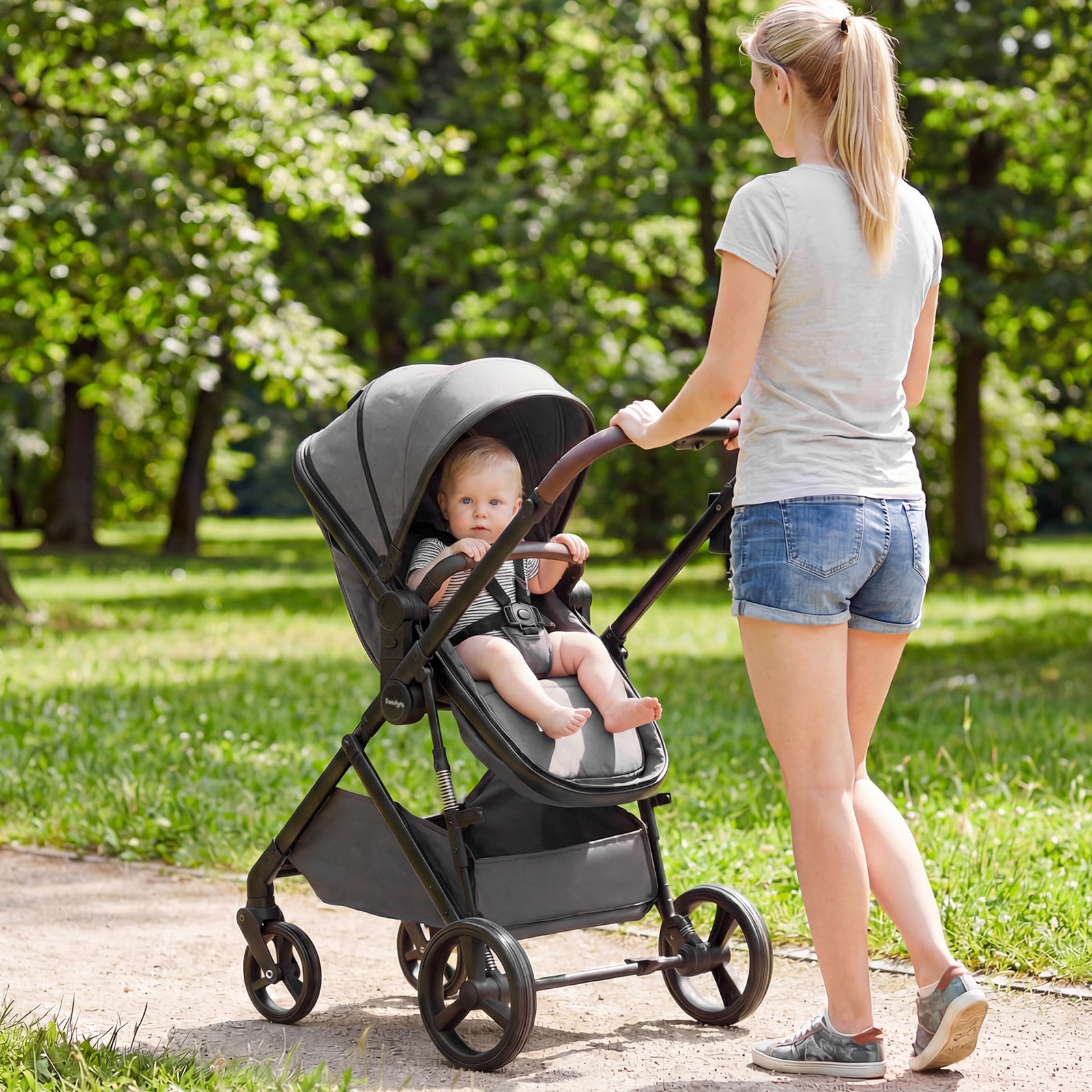 2 in 1 Baby Stroller Convertible High Landscape with Bassinet Mode Reversible Seat-Grey