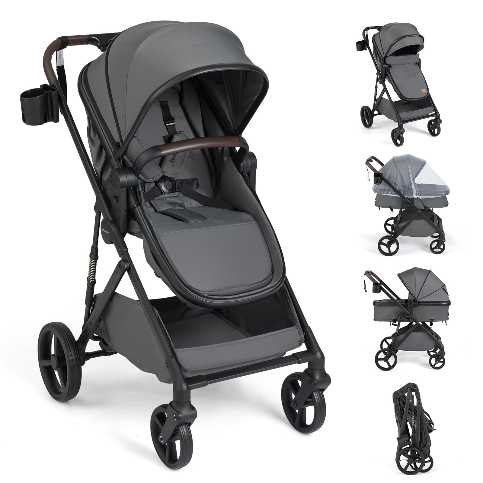 2 in 1 Baby Stroller Convertible High Landscape with Bassinet Mode Reversible Seat-Grey
