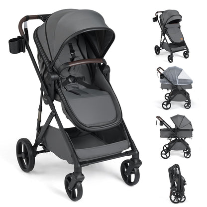 2 in 1 Baby Stroller Convertible High Landscape with Bassinet Mode Reversible Seat-Grey