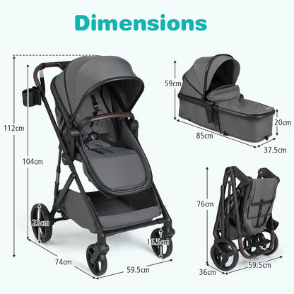 2 in 1 Baby Stroller Convertible High Landscape with Bassinet Mode Reversible Seat-Grey