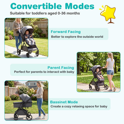 2 in 1 Baby Stroller Convertible High Landscape with Bassinet Mode Reversible Seat-Grey