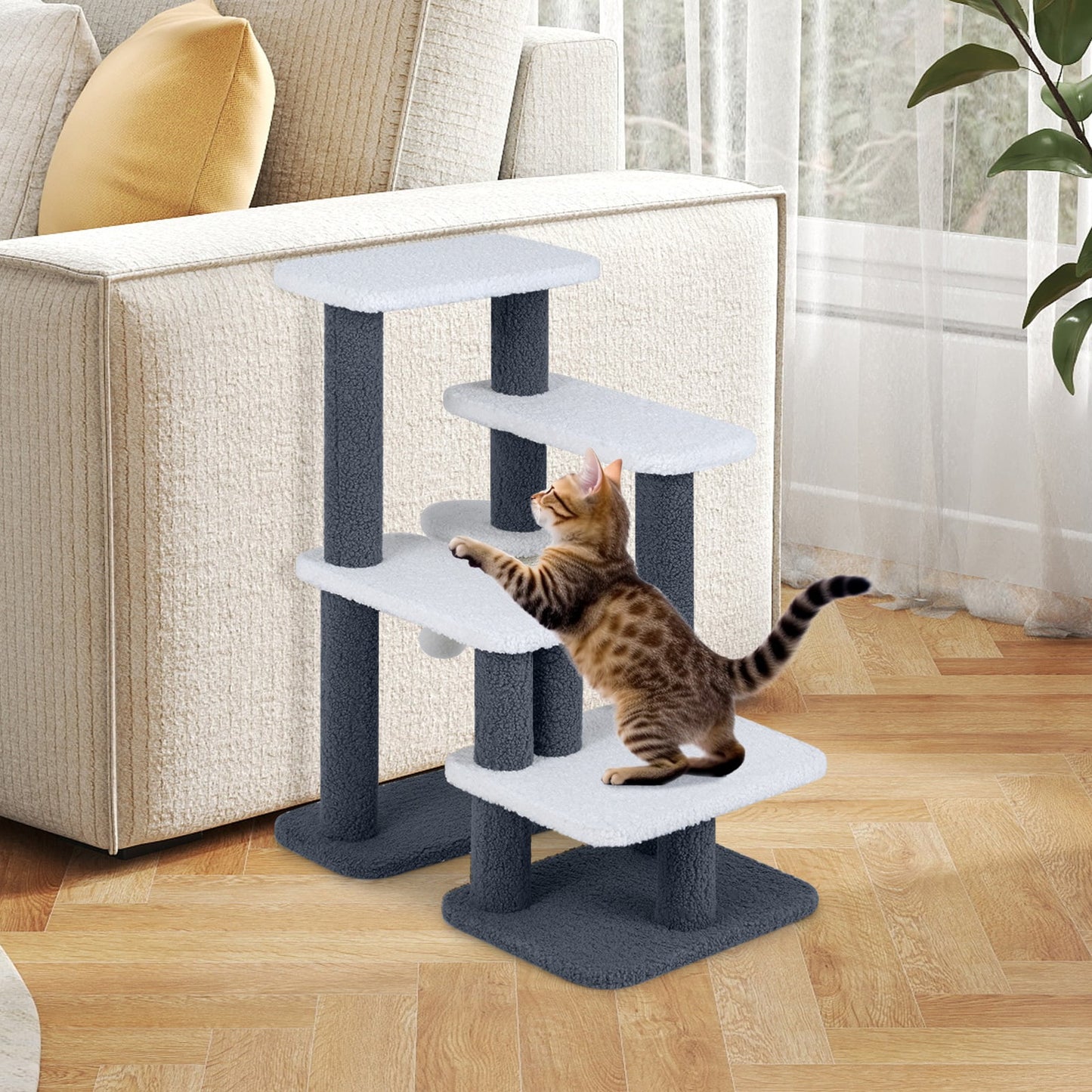 2-in-1 Cat Tree Tower Pet Steps with Sisal Scratching Post 3 Large Platforms-Grey