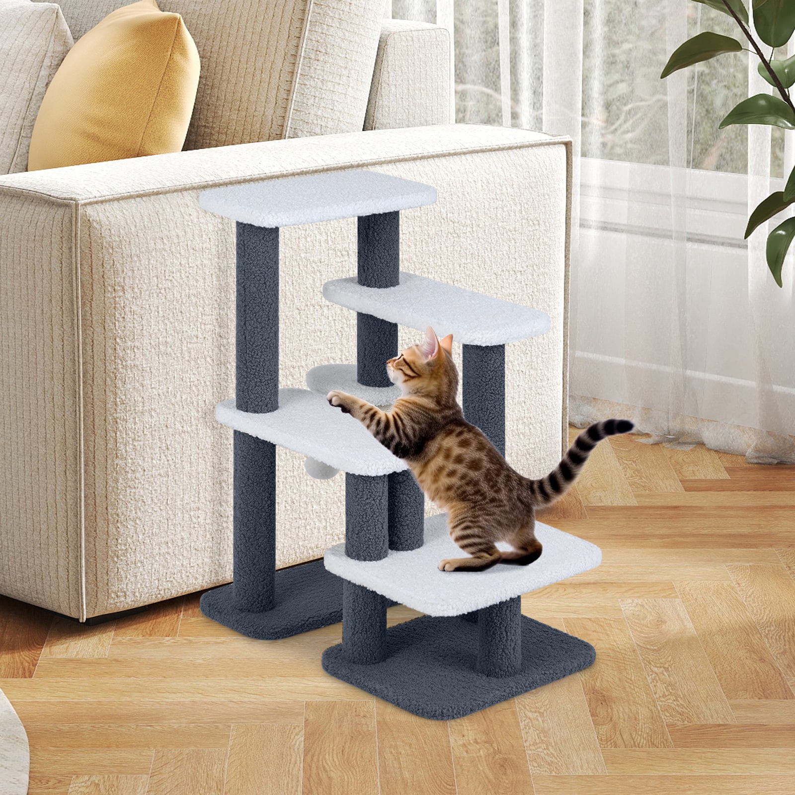 2-in-1 Cat Tree Tower Pet Steps with Sisal Scratching Post 3 Large Platforms-Grey