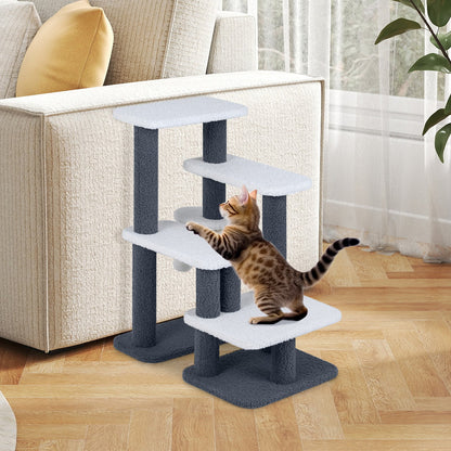 2-in-1 Cat Tree Tower Pet Steps with Sisal Scratching Post 3 Large Platforms-Grey