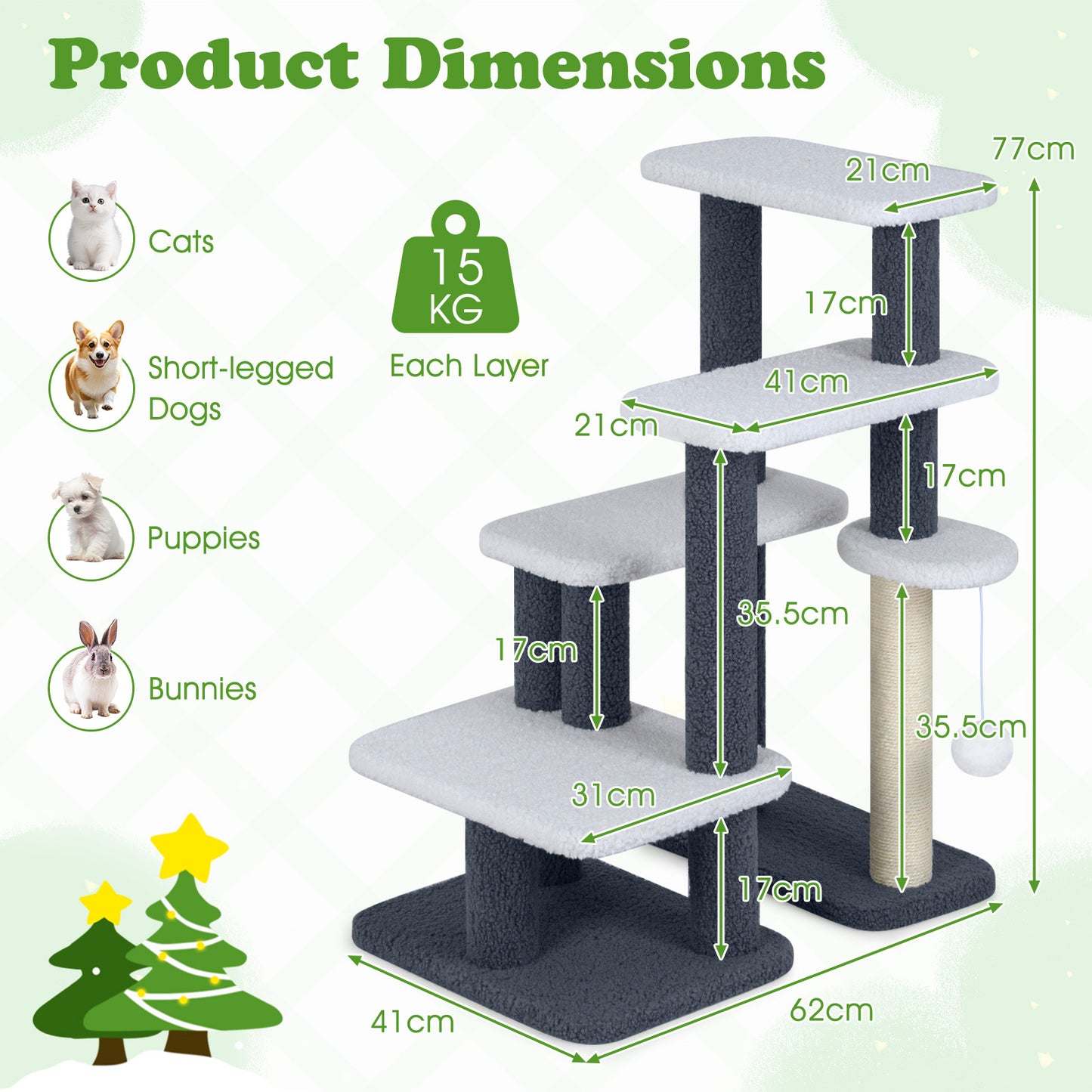 2-in-1 Cat Tree Tower Pet Steps with Sisal Scratching Post 3 Large Platforms-Grey