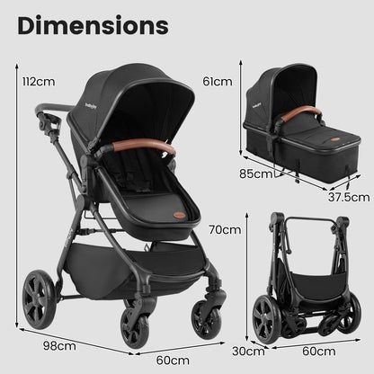 2-in-1 Convertible Baby Stroller with Car Seat Adapters High Landscape Folding Newborn Pram Stroller-Black