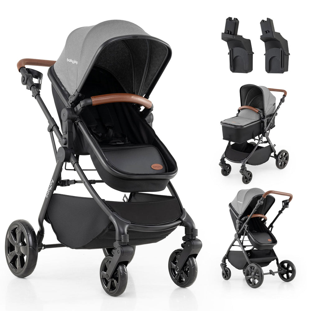 2-in-1 Convertible Baby Stroller with Car Seat Adapters High Landscape Folding Newborn Pram Stroller-Gray