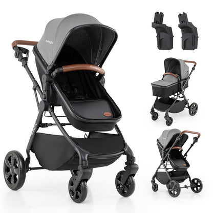 2-in-1 Convertible Baby Stroller with Car Seat Adapters High Landscape Folding Newborn Pram Stroller-Gray