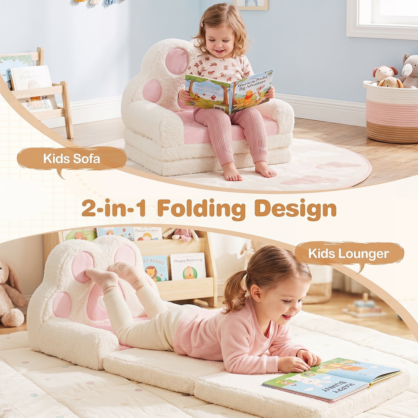 2-in-1 Convertible Kids Sofa to Lounger with Removable Cover and Bear's Paw Patterns-Pink