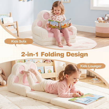 2-in-1 Convertible Kids Sofa to Lounger with Removable Cover and Bear's Paw Patterns-Pink