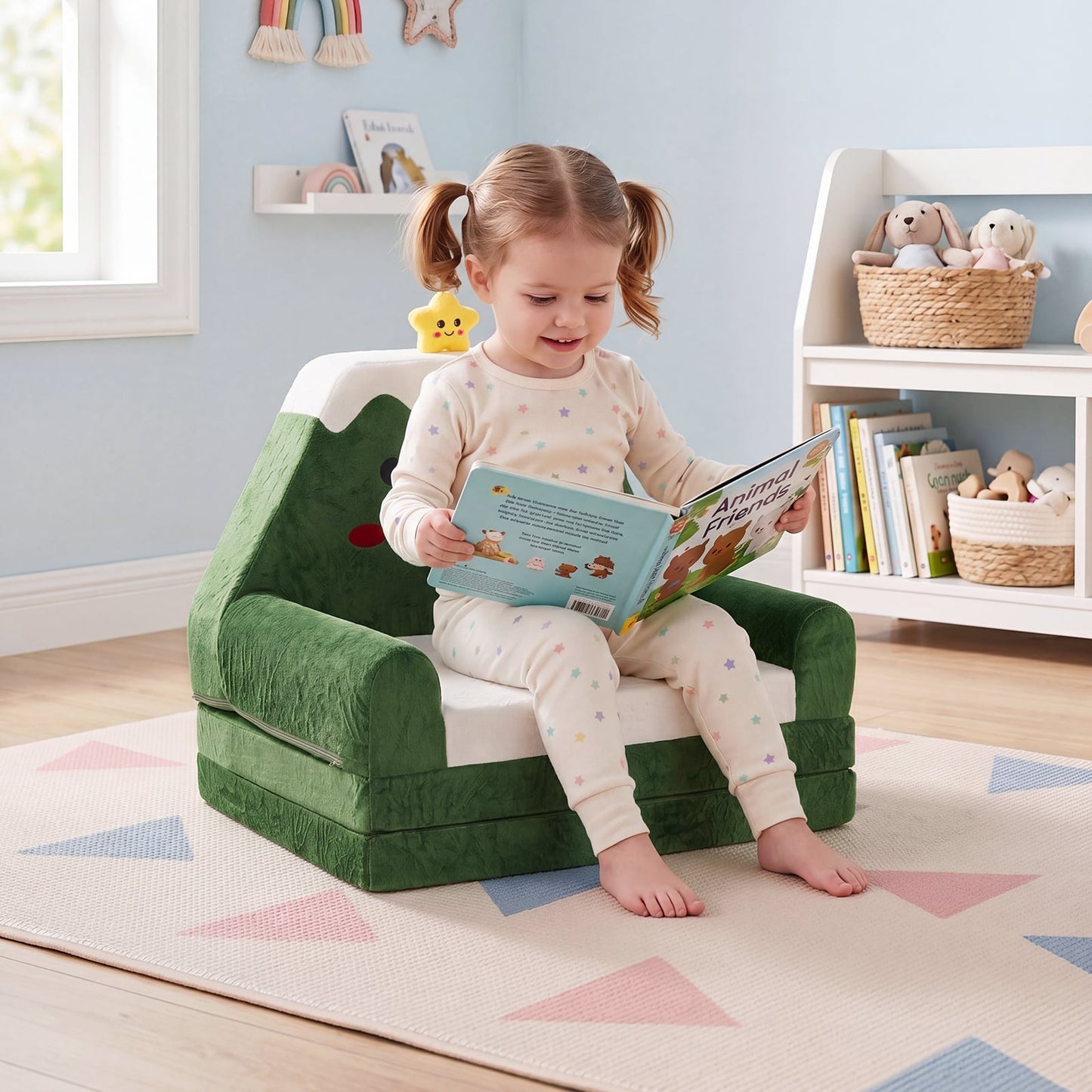 2-in-1 Convertible Kids Sofa to Lounger with Removable Cover and Christmas Patterns-Green