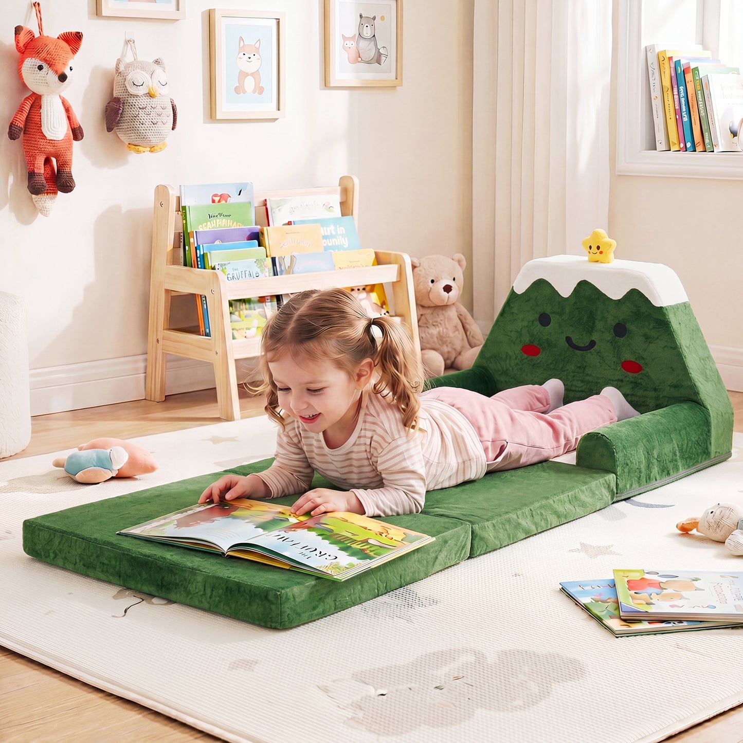 2-in-1 Convertible Kids Sofa to Lounger with Removable Cover and Christmas Patterns-Green