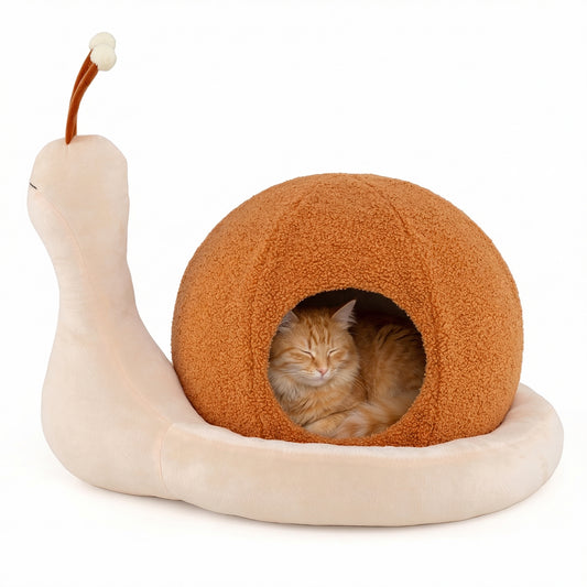 2-in-1 Cute Snail-Shaped Kitten Bed Cave with Removable Washable Cushion Soft Plush and Non-Slip Bottom-Brown