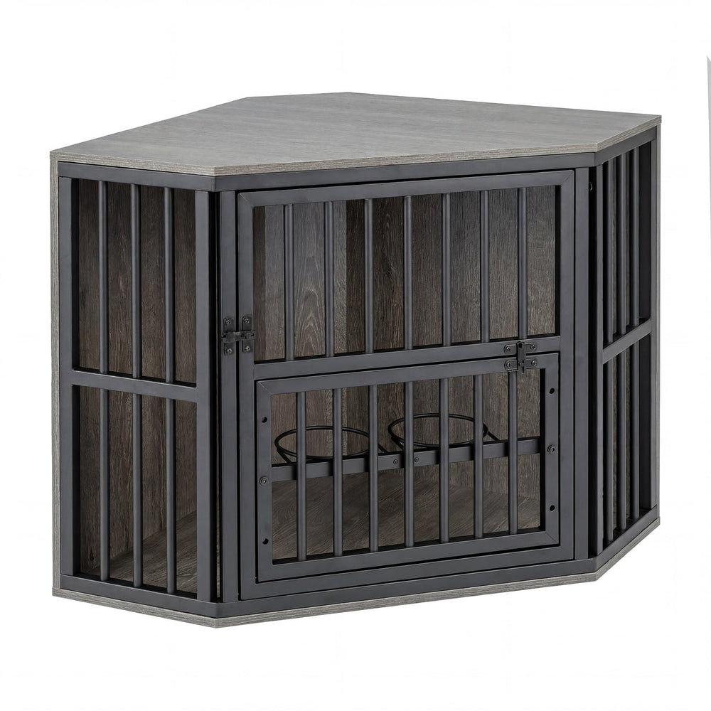 2-in-1 Dog Kennel and Decorative TV Stand with Dog Bowl Rack-Grey