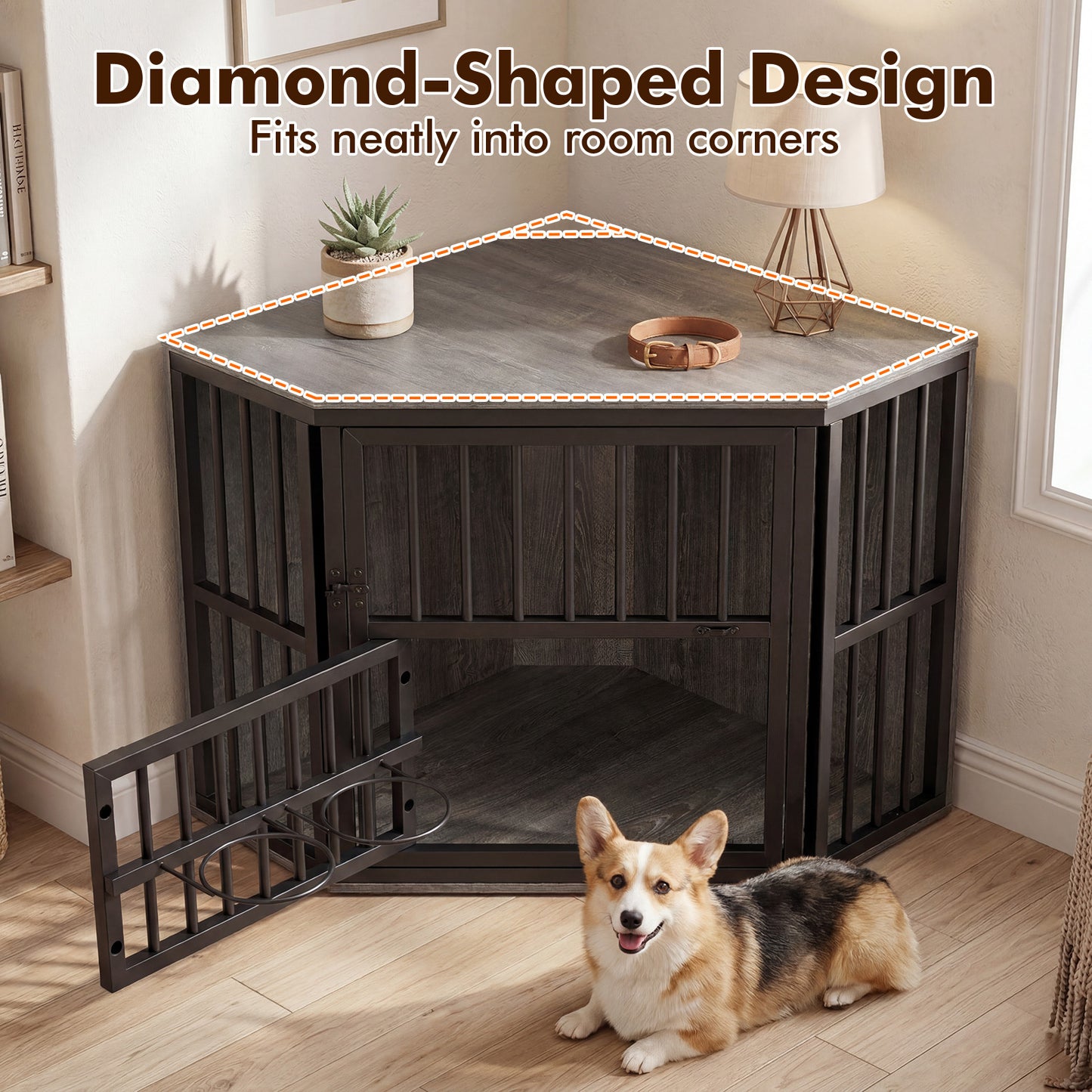 2-in-1 Dog Kennel and Decorative TV Stand with Dog Bowl Rack-Grey