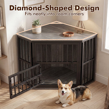 2-in-1 Dog Kennel and Decorative TV Stand with Dog Bowl Rack-Grey
