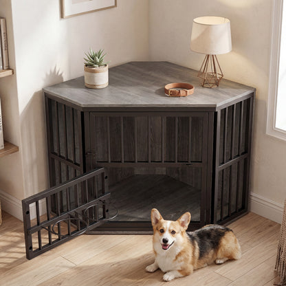 2-in-1 Dog Kennel and Decorative TV Stand with Dog Bowl Rack-Grey
