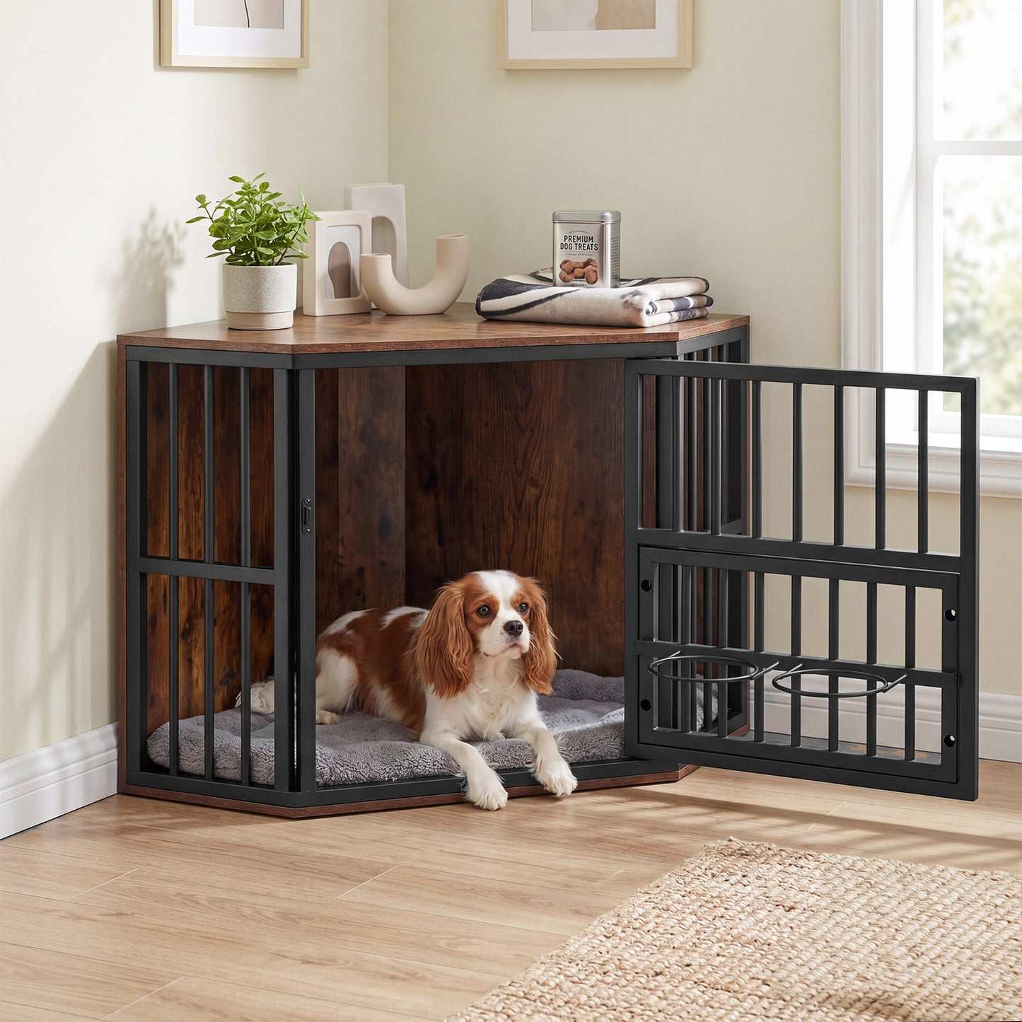 2-in-1 Dog Kennel and Decorative TV Stand with Dog Bowl Rack-Rusticbrown
