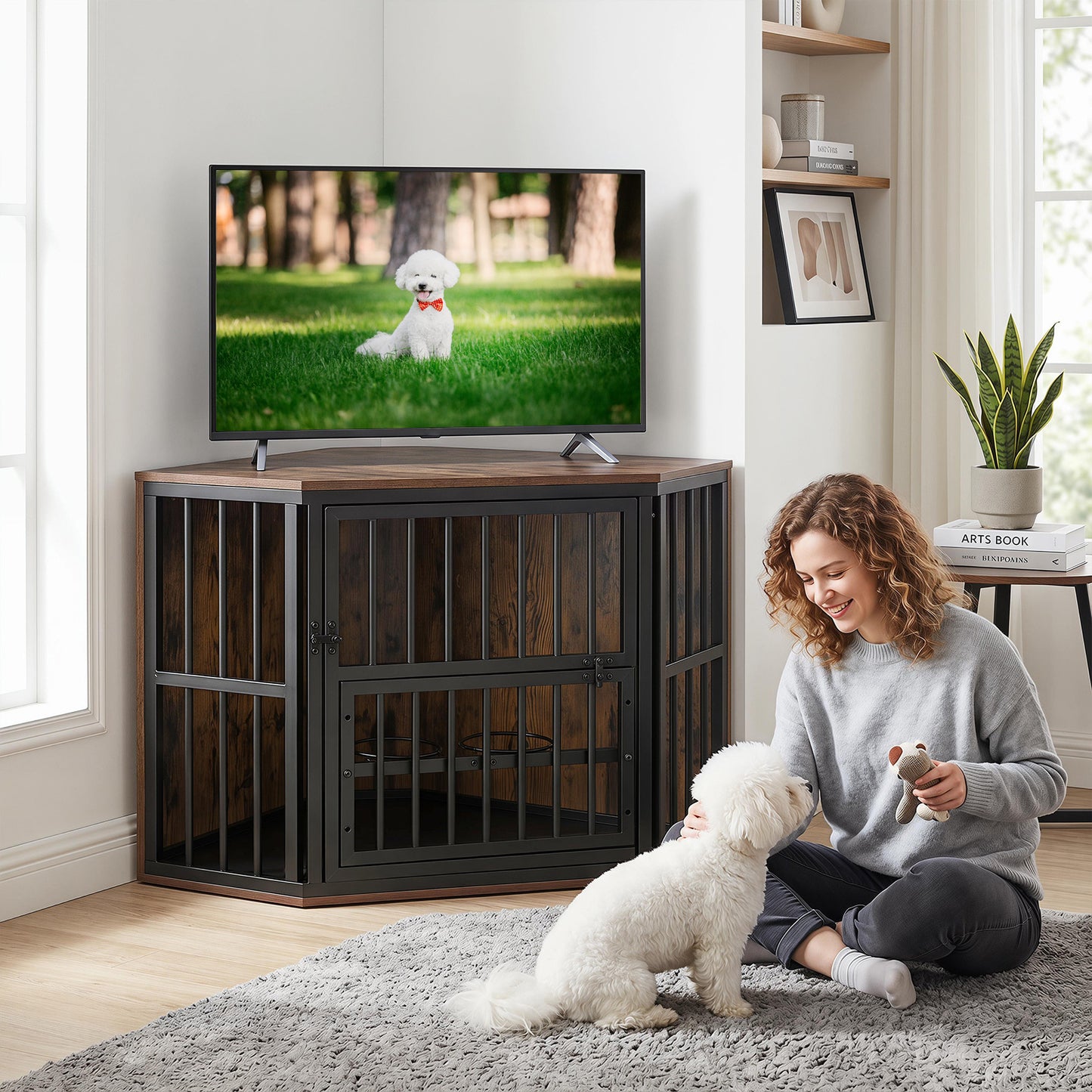 2-in-1 Dog Kennel and Decorative TV Stand with Dog Bowl Rack-Rusticbrown