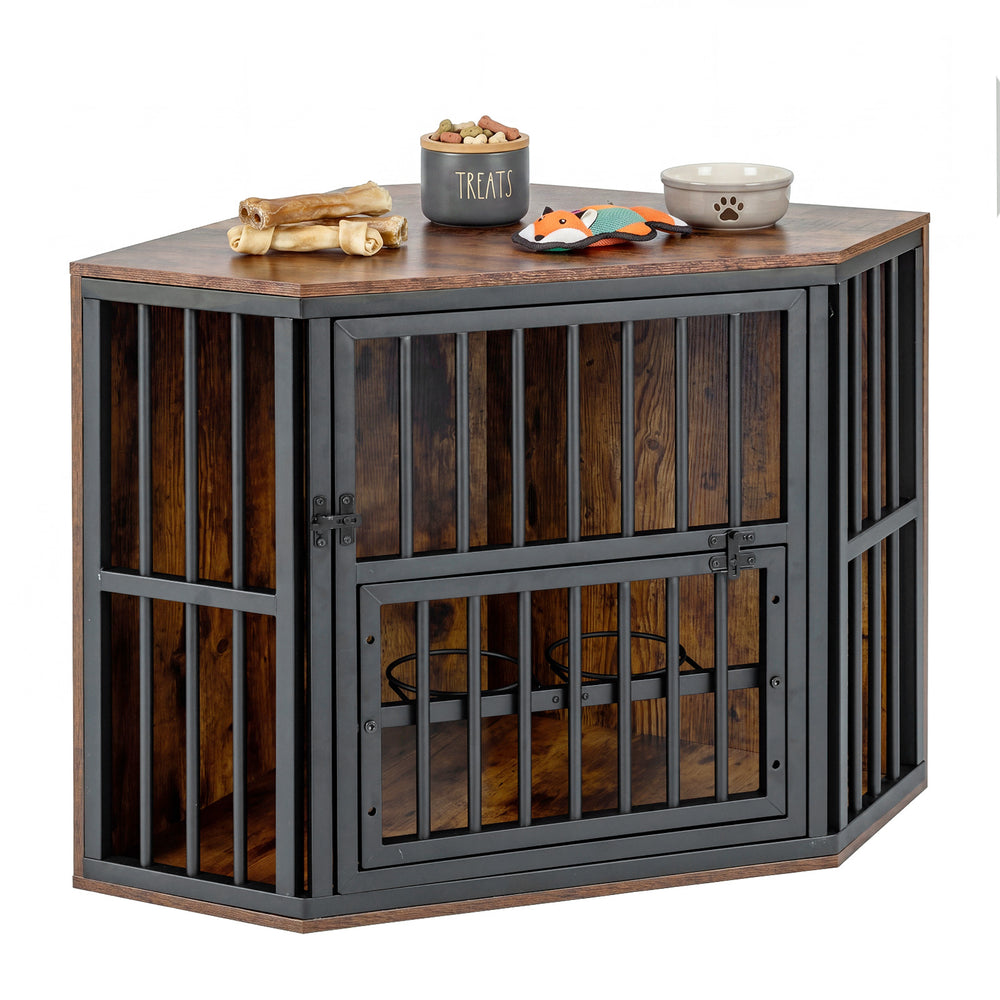 2-in-1 Dog Kennel and Decorative TV Stand with Dog Bowl Rack-Rusticbrown