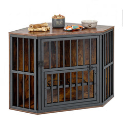 2-in-1 Dog Kennel and Decorative TV Stand with Dog Bowl Rack-Rusticbrown
