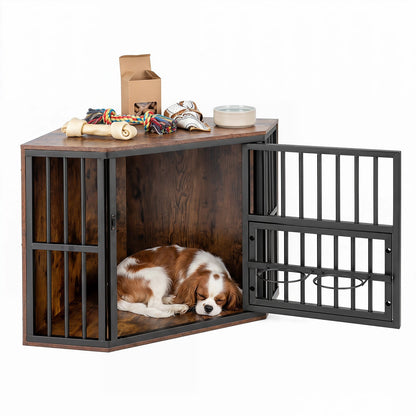 2-in-1 Dog Kennel and Decorative TV Stand with Dog Bowl Rack-Rusticbrown