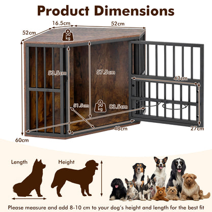 2-in-1 Dog Kennel and Decorative TV Stand with Dog Bowl Rack-Rusticbrown