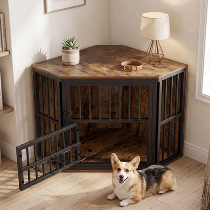 2-in-1 Dog Kennel and Decorative TV Stand with Dog Bowl Rack-Rusticbrown