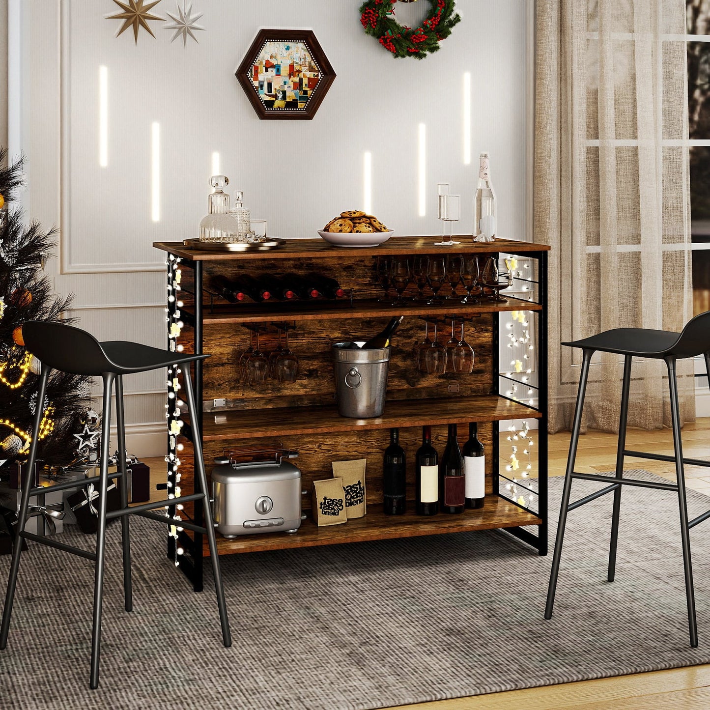 2-in-1 Home Bar Unit with 4 Shelves and Glass Holders and Wine Racks-Rustic Brown
