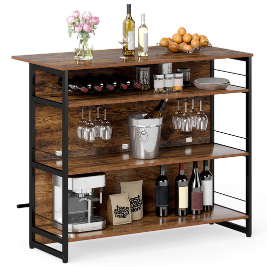 2-in-1 Home Bar Unit with 4 Shelves and Glass Holders and Wine Racks-Rustic Brown