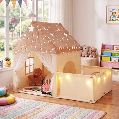 2-in-1 Kids Camping Tent with Attachable Side Playpen for Toddlers-Beige