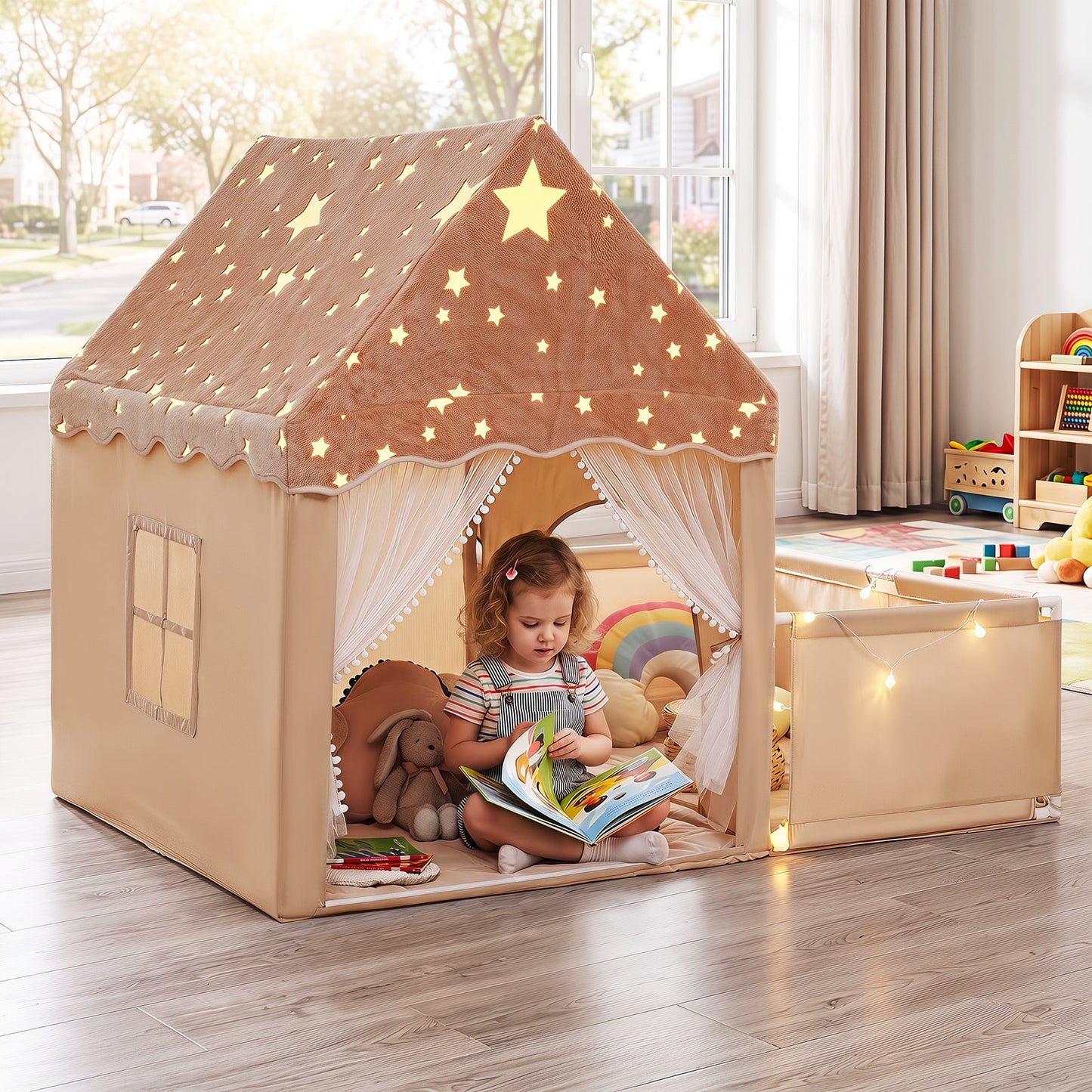 2-in-1 Kids Camping Tent with Attachable Side Playpen for Toddlers-Beige