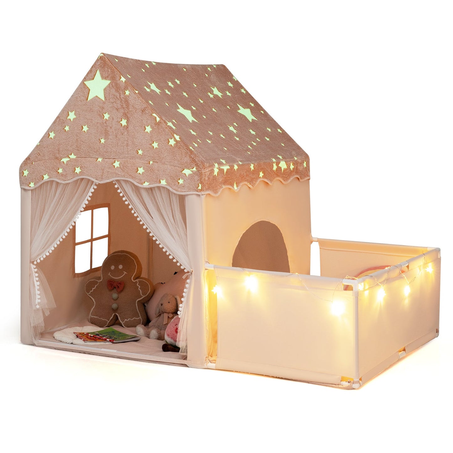 2-in-1 Kids Camping Tent with Attachable Side Playpen for Toddlers-Beige