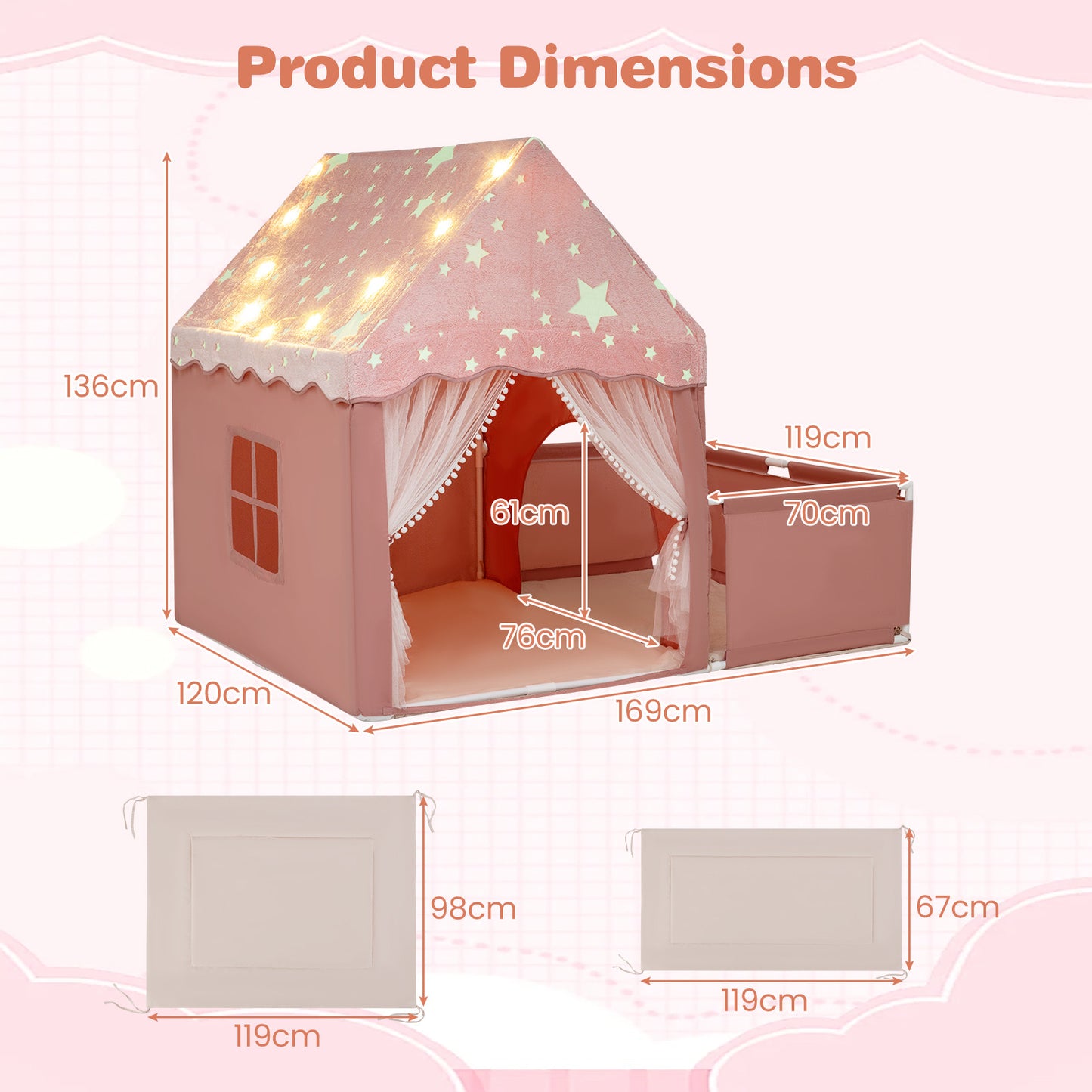 2-in-1 Kids Camping Tent with Attachable Side Playpen for Toddlers-Pink