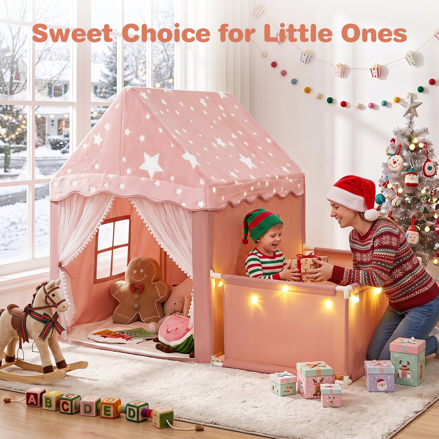 2-in-1 Kids Camping Tent with Attachable Side Playpen for Toddlers-Pink