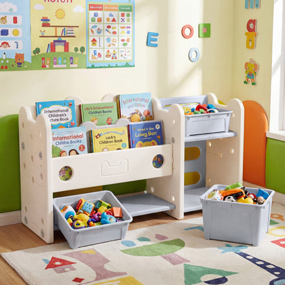 2-in-1 Kids Toy Storage Organizer with Bookshelf and 4 Storage Boxes-Grey