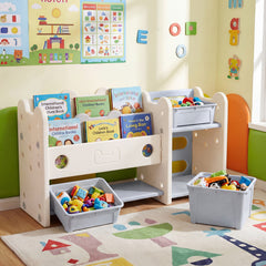 2-in-1 Kids Toy Storage Organizer with Bookshelf and 4 Storage Boxes-Grey