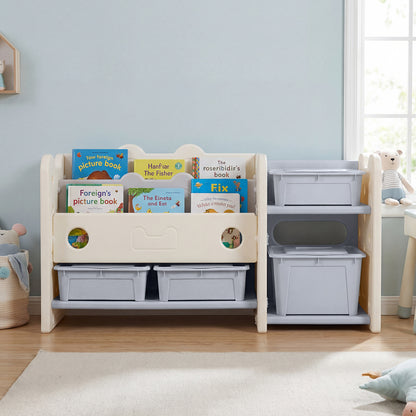 2-in-1 Kids Toy Storage Organizer with Bookshelf and 4 Storage Boxes-Grey