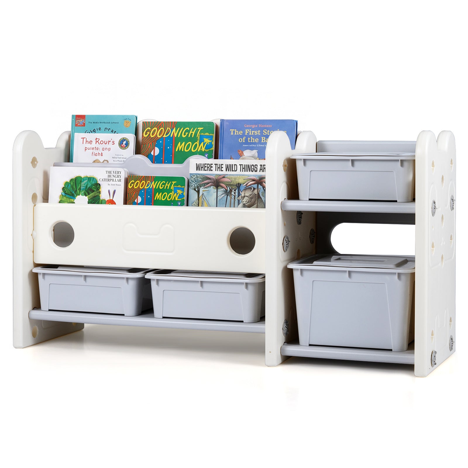 2-in-1 Kids Toy Storage Organizer with Bookshelf and 4 Storage Boxes-Grey
