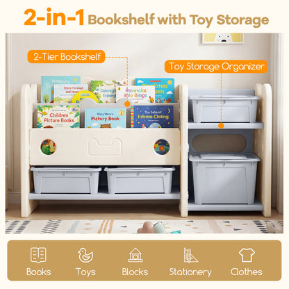 2-in-1 Kids Toy Storage Organizer with Bookshelf and 4 Storage Boxes-Grey
