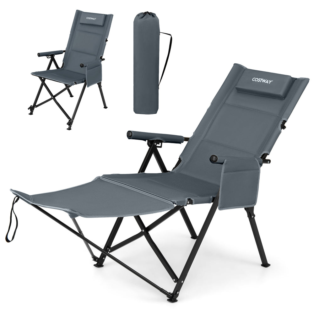 2-in-1 Reclining Camping Chair with Footrest Folding Portable Beach Lounge Chair-Grey
