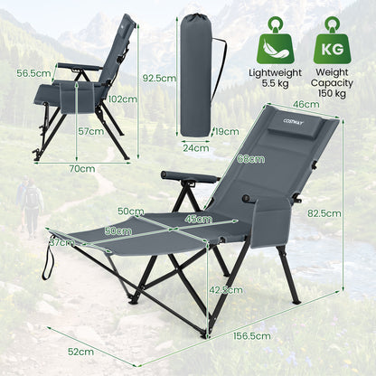 2-in-1 Reclining Camping Chair with Footrest Folding Portable Beach Lounge Chair-Grey