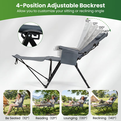 2-in-1 Reclining Camping Chair with Footrest Folding Portable Beach Lounge Chair-Grey