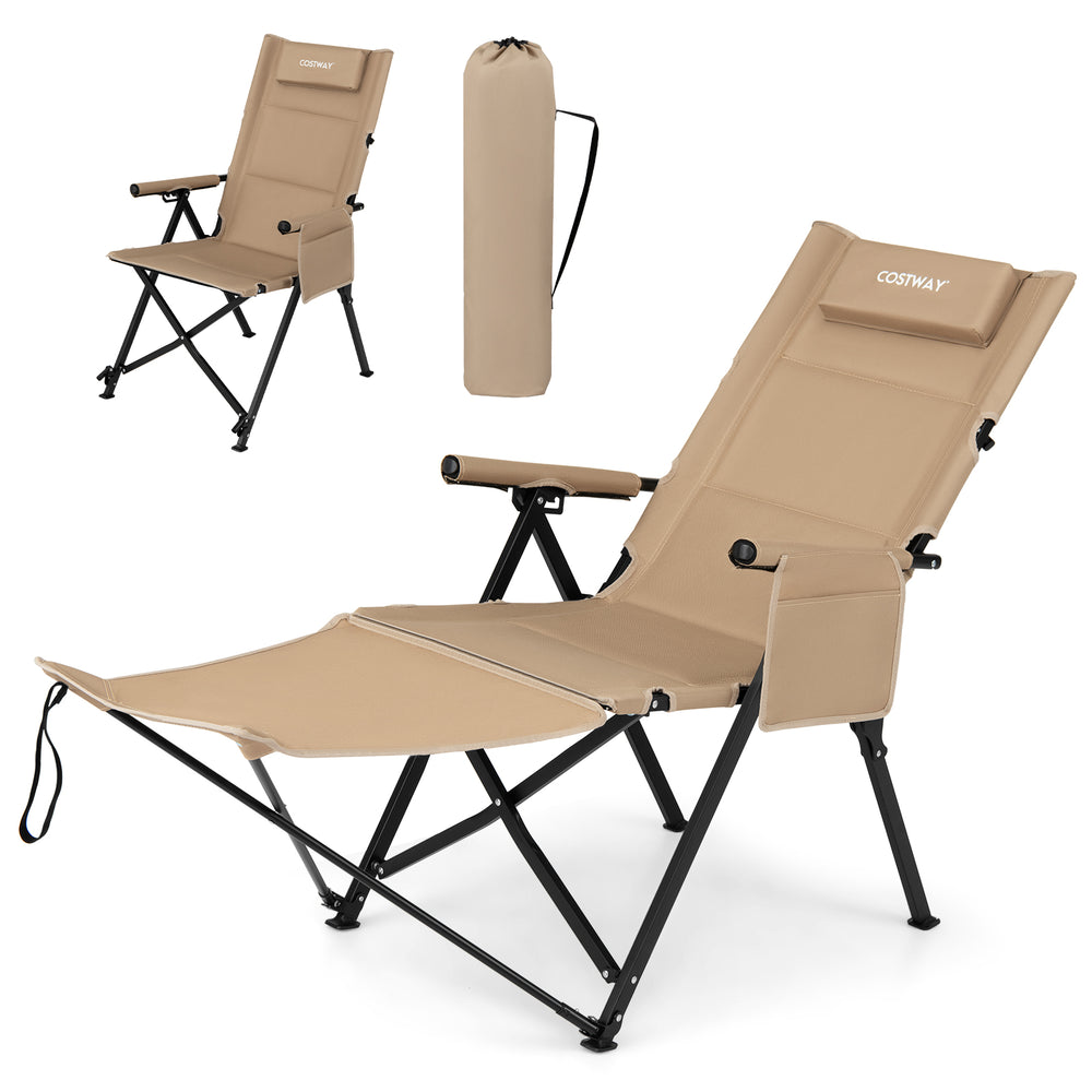 2-in-1 Reclining Camping Chair with Footrest Folding Portable Beach Lounge Chair-Khaki